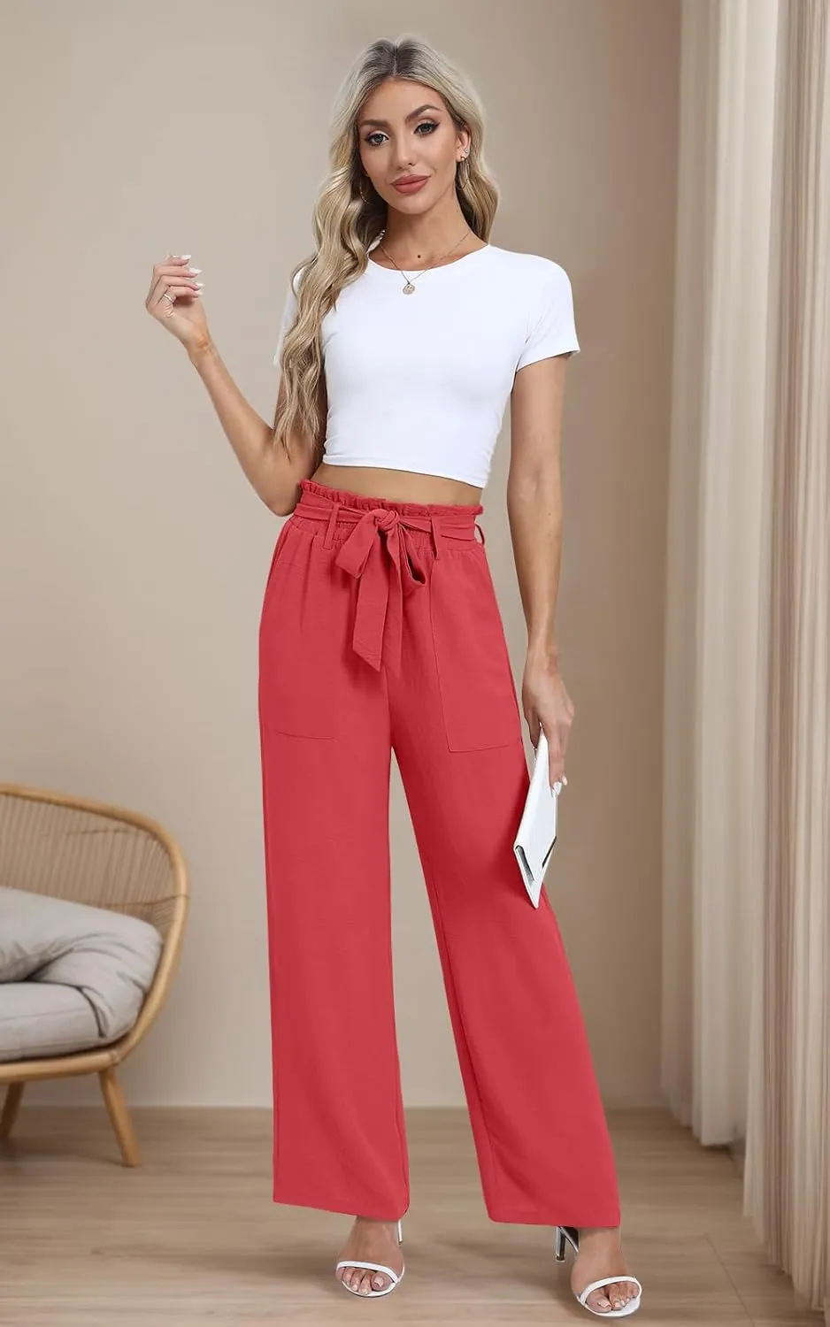 Wide Leg Pants for Women 2024 High Waisted Palazzo Pants with Pockets Adjustable Tie Knot Flowy Trousers