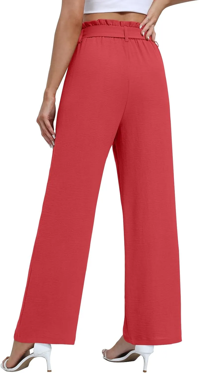 Wide Leg Pants for Women 2024 High Waisted Palazzo Pants with Pockets Adjustable Tie Knot Flowy Trousers