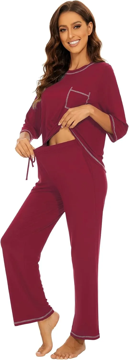 WiWi Pajamas for Women Bamboo Viscose 3/4 Sleeve Tops and Long Pants Sleepwear Pajama Set Soft Pjs Sets S-XXL