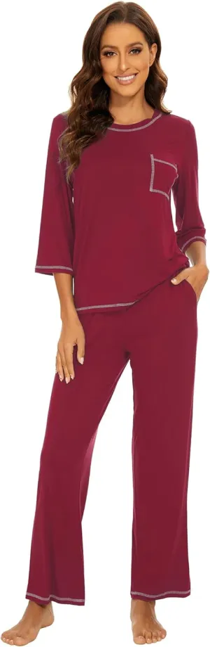 WiWi Pajamas for Women Bamboo Viscose 3/4 Sleeve Tops and Long Pants Sleepwear Pajama Set Soft Pjs Sets S-XXL