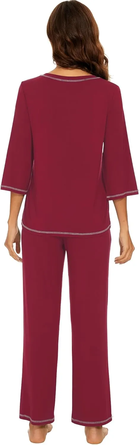 WiWi Pajamas for Women Bamboo Viscose 3/4 Sleeve Tops and Long Pants Sleepwear Pajama Set Soft Pjs Sets S-XXL