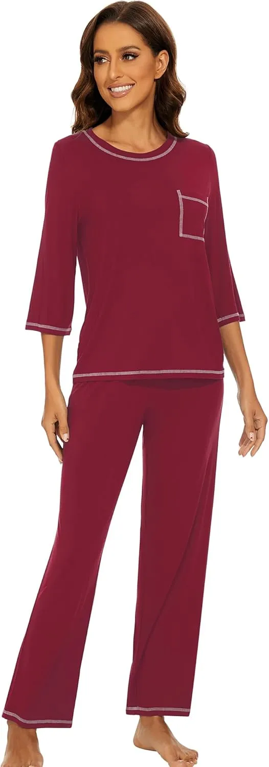 WiWi Pajamas for Women Bamboo Viscose 3/4 Sleeve Tops and Long Pants Sleepwear Pajama Set Soft Pjs Sets S-XXL