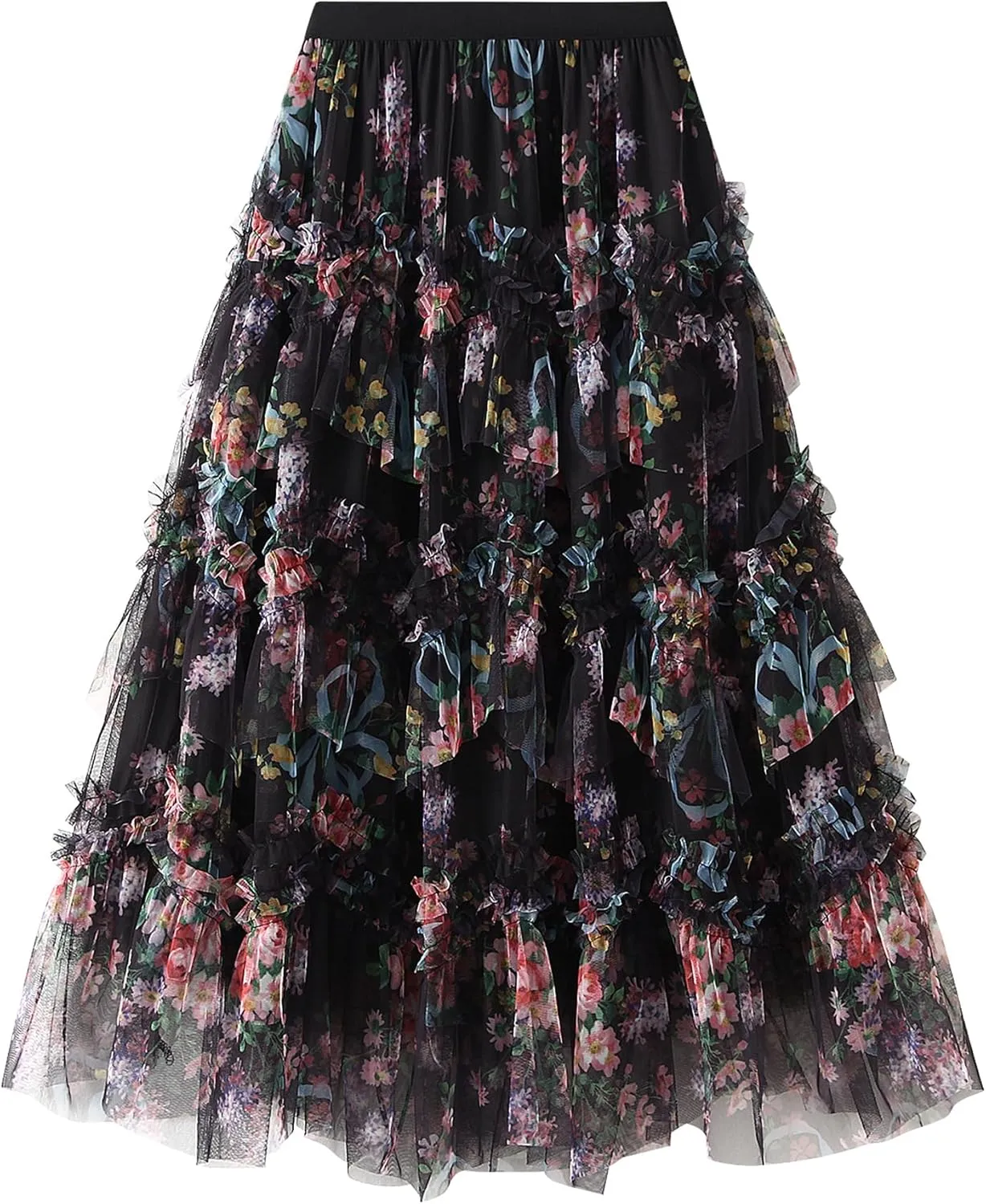 Women Floral Tulle Tutu Maxi Skirt Irregular Pleated A Line Midi Skirt Flowy Layered Mesh Long Skirt