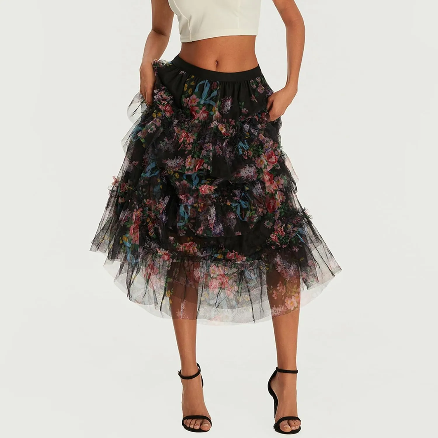 Women Floral Tulle Tutu Maxi Skirt Irregular Pleated A Line Midi Skirt Flowy Layered Mesh Long Skirt