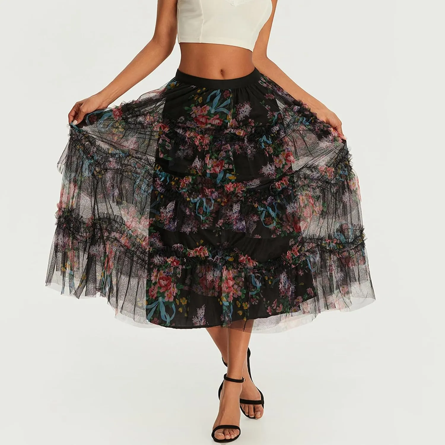 Women Floral Tulle Tutu Maxi Skirt Irregular Pleated A Line Midi Skirt Flowy Layered Mesh Long Skirt