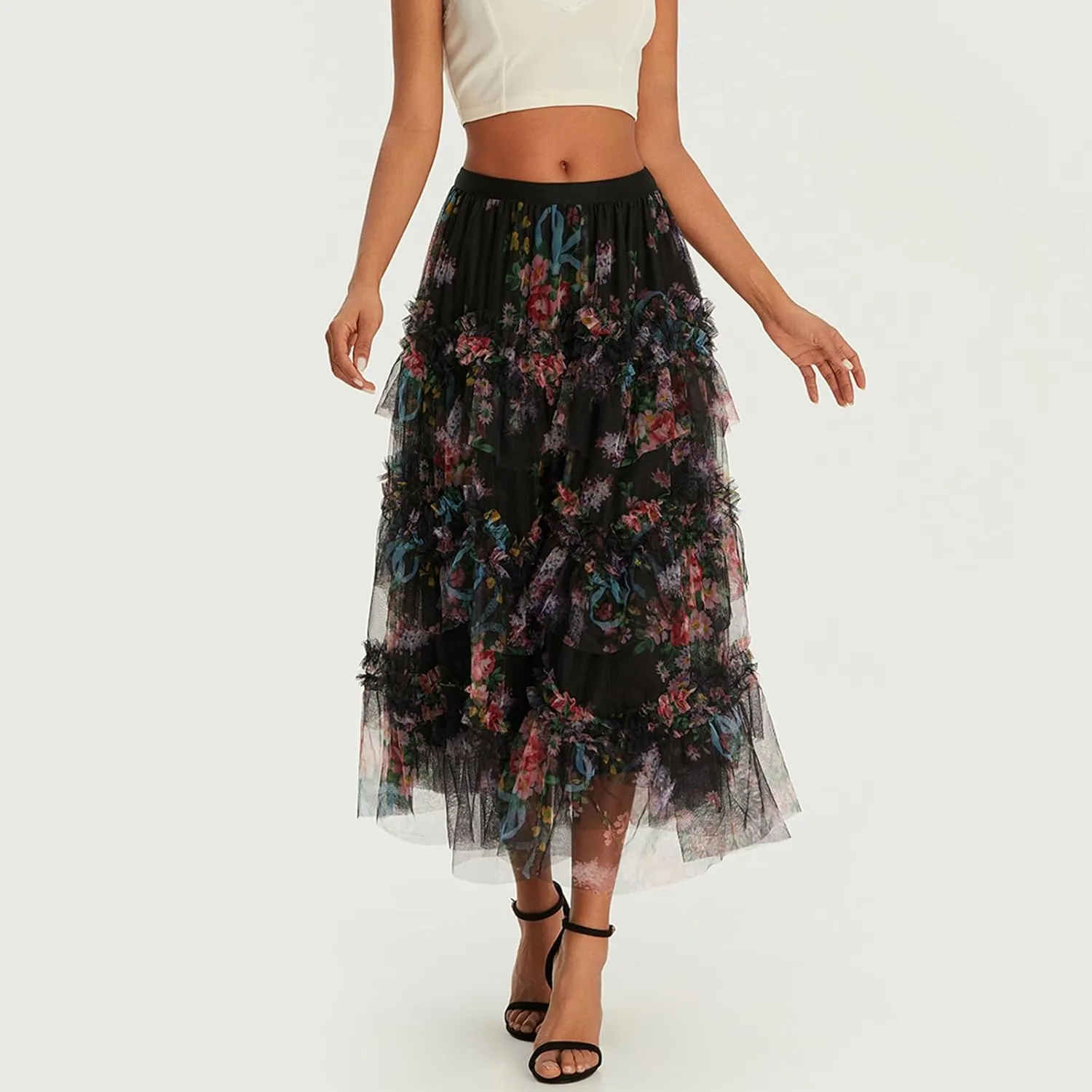 Women Floral Tulle Tutu Maxi Skirt Irregular Pleated A Line Midi Skirt Flowy Layered Mesh Long Skirt