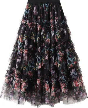 Women Floral Tulle Tutu Maxi Skirt Irregular Pleated A Line Midi Skirt Flowy Layered Mesh Long Skirt