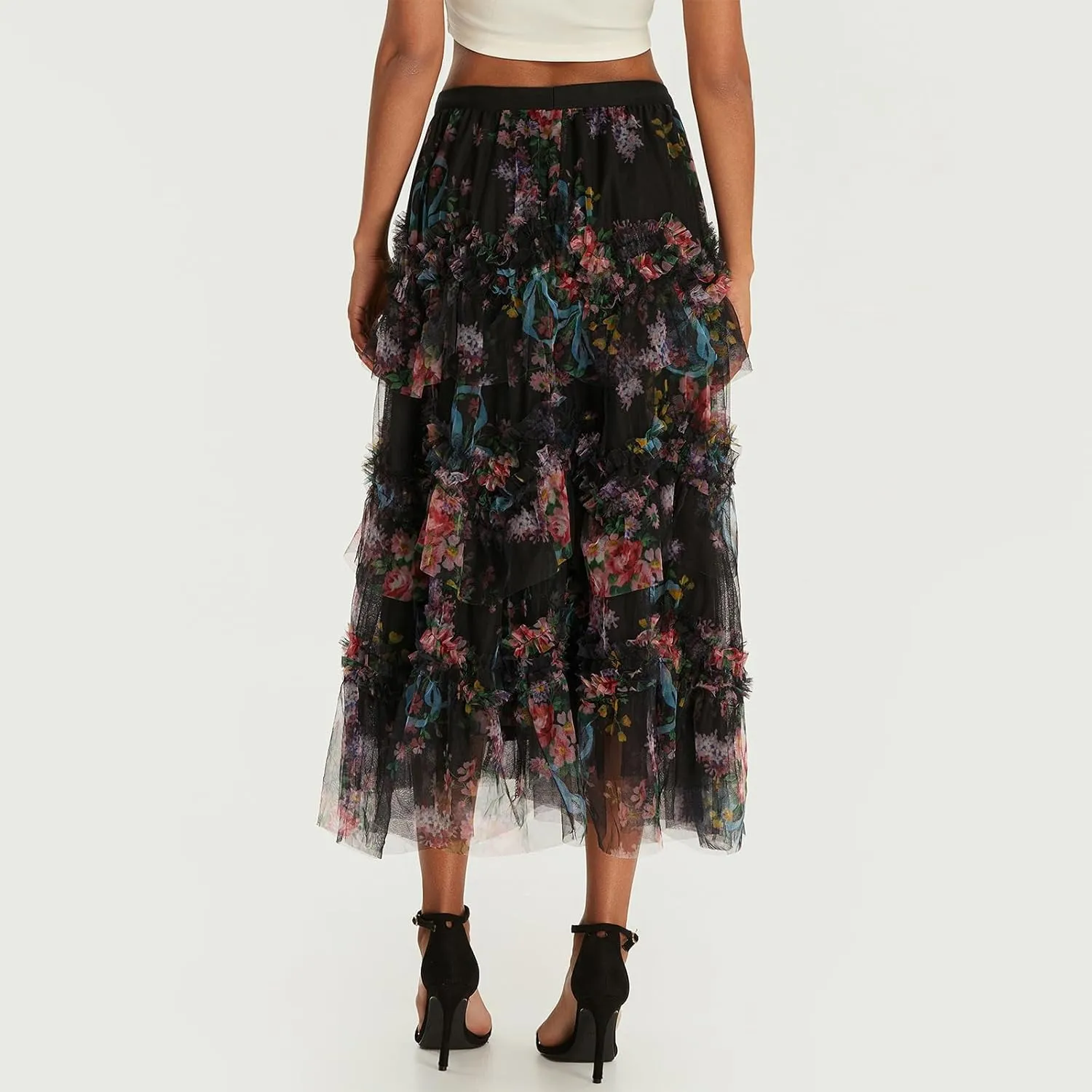 Women Floral Tulle Tutu Maxi Skirt Irregular Pleated A Line Midi Skirt Flowy Layered Mesh Long Skirt