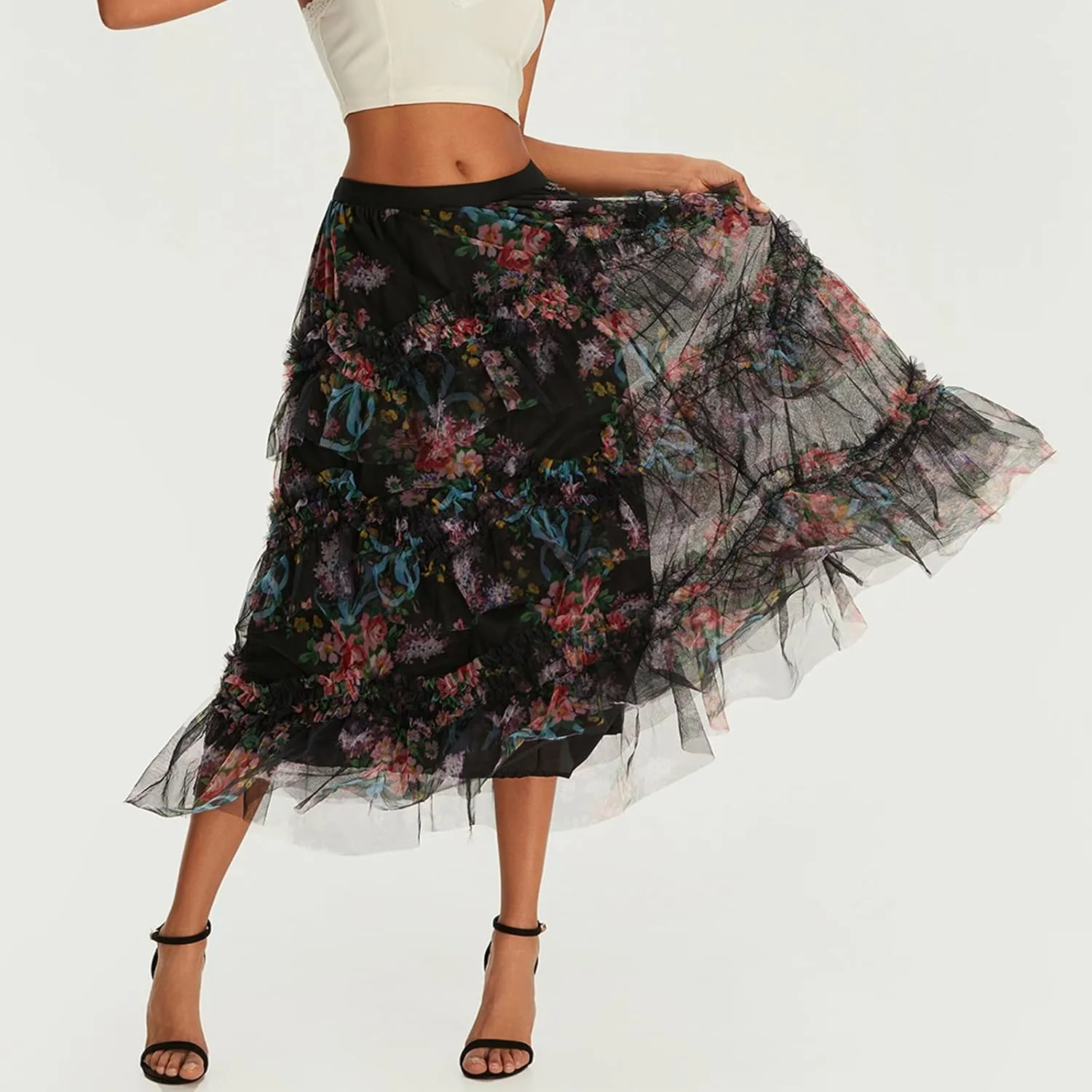 Women Floral Tulle Tutu Maxi Skirt Irregular Pleated A Line Midi Skirt Flowy Layered Mesh Long Skirt