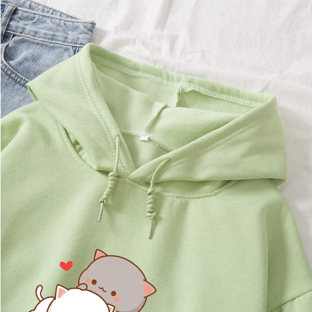 Women Kawaii Cartoon Cute Cat Graphic Casual Cotton Pullover Hoodies Sweatshirt