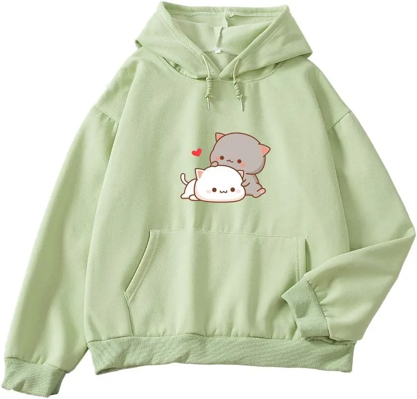 Women Kawaii Cartoon Cute Cat Graphic Casual Cotton Pullover Hoodies Sweatshirt