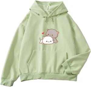 Women Kawaii Cartoon Cute Cat Graphic Casual Cotton Pullover Hoodies Sweatshirt
