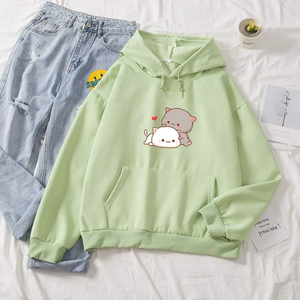 Women Kawaii Cartoon Cute Cat Graphic Casual Cotton Pullover Hoodies Sweatshirt