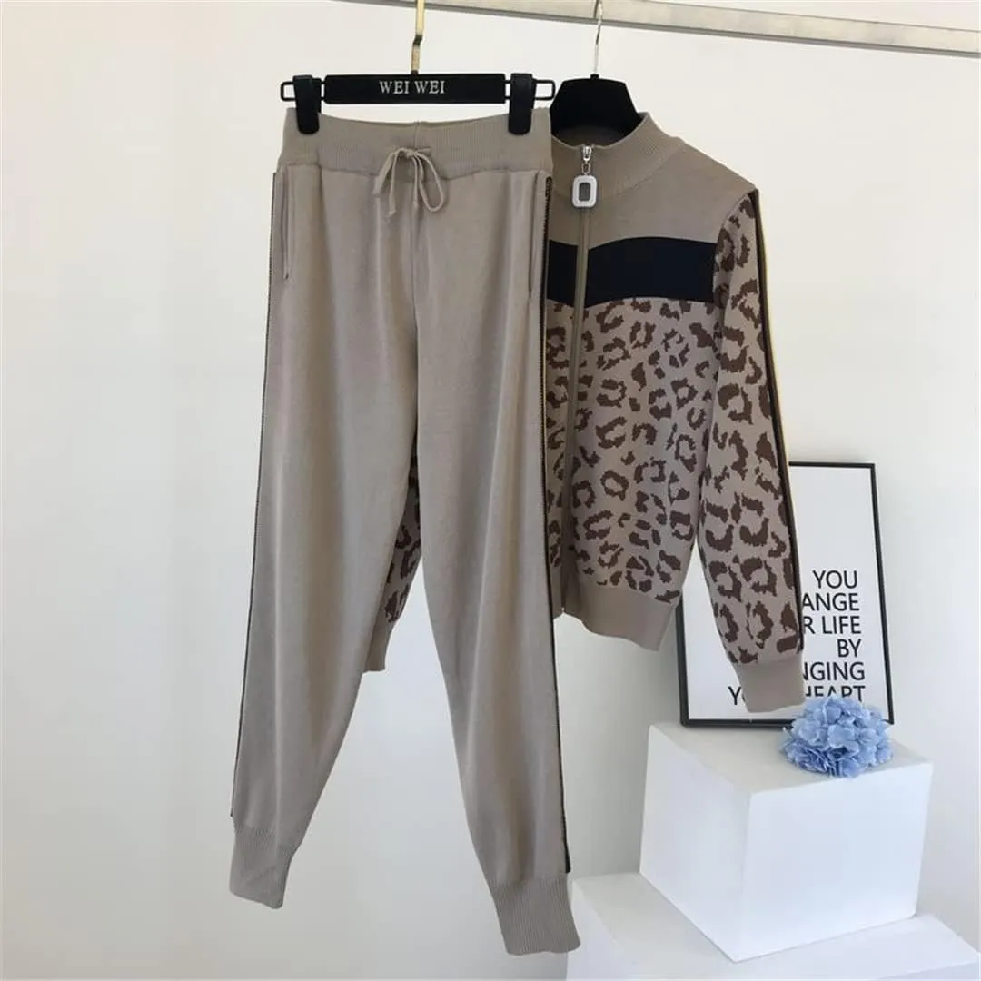 Women Leopard Print Knitted Tracksuit 2 Piece Set Outfit Casual Zipper Cardigan   Harem Pants Suit