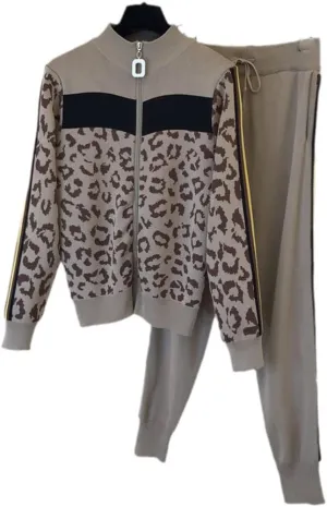 Women Leopard Print Knitted Tracksuit 2 Piece Set Outfit Casual Zipper Cardigan   Harem Pants Suit