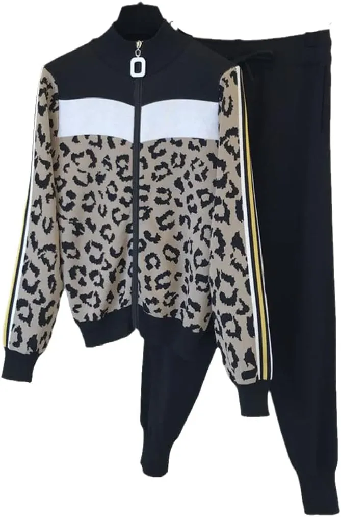 Women Leopard Print Knitted Tracksuit 2 Piece Set Outfit Casual Zipper Cardigan   Harem Pants Suit
