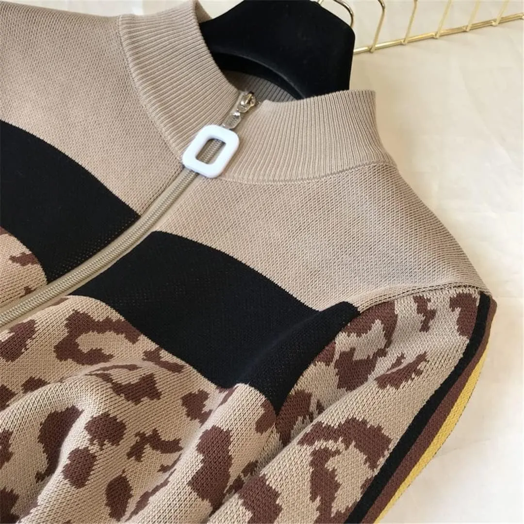 Women Leopard Print Knitted Tracksuit 2 Piece Set Outfit Casual Zipper Cardigan   Harem Pants Suit