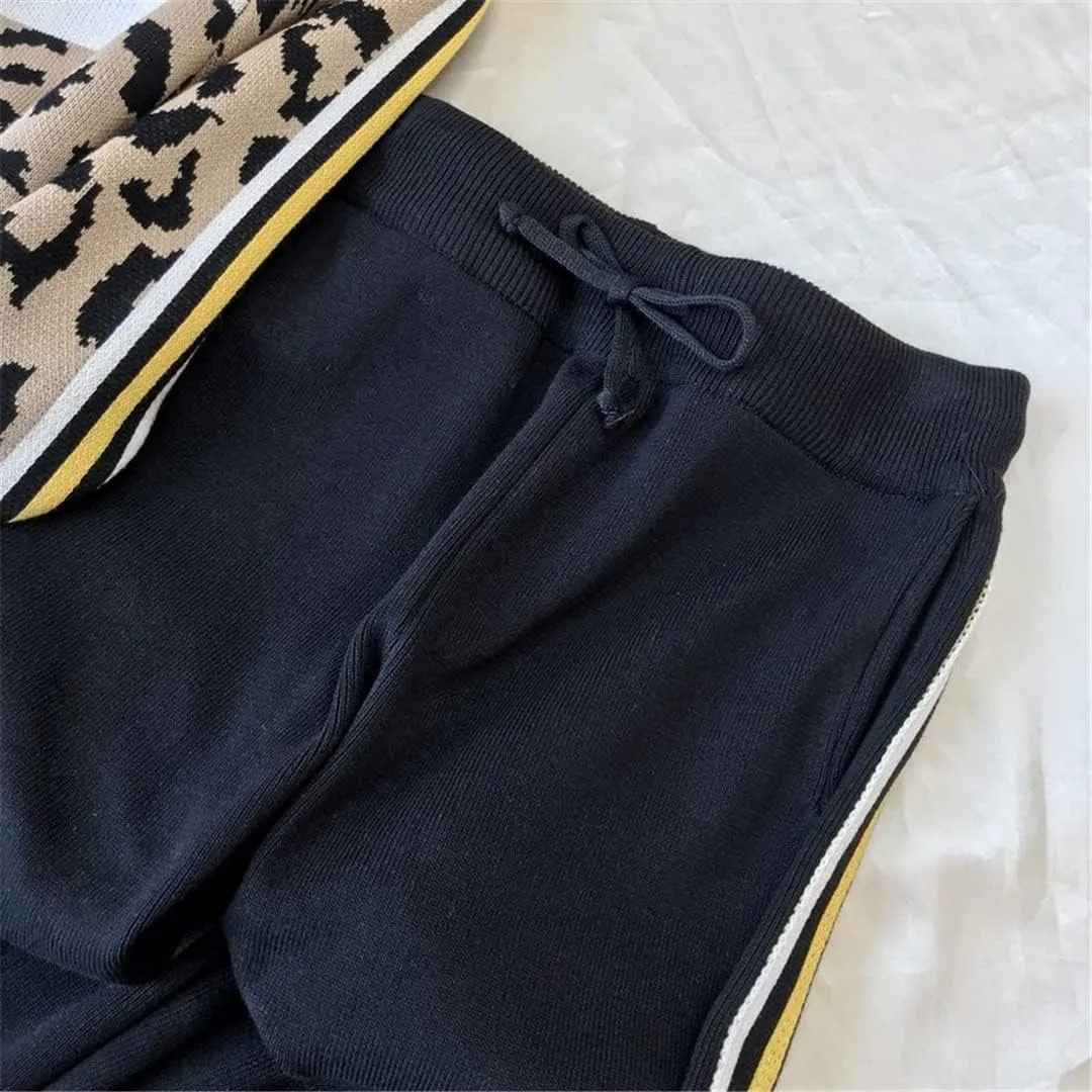 Women Leopard Print Knitted Tracksuit 2 Piece Set Outfit Casual Zipper Cardigan   Harem Pants Suit
