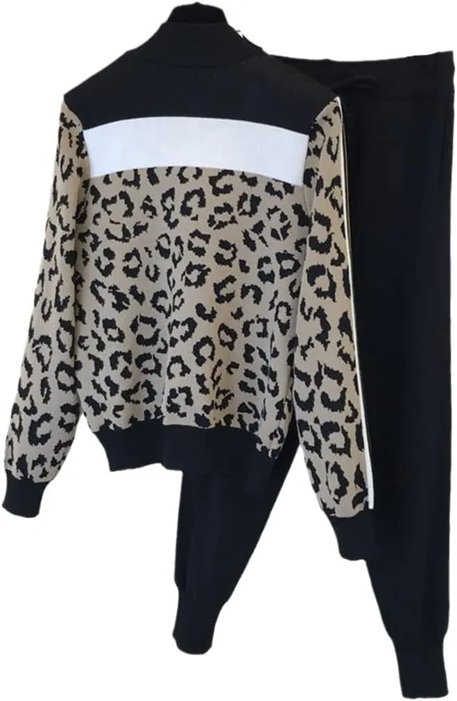 Women Leopard Print Knitted Tracksuit 2 Piece Set Outfit Casual Zipper Cardigan   Harem Pants Suit