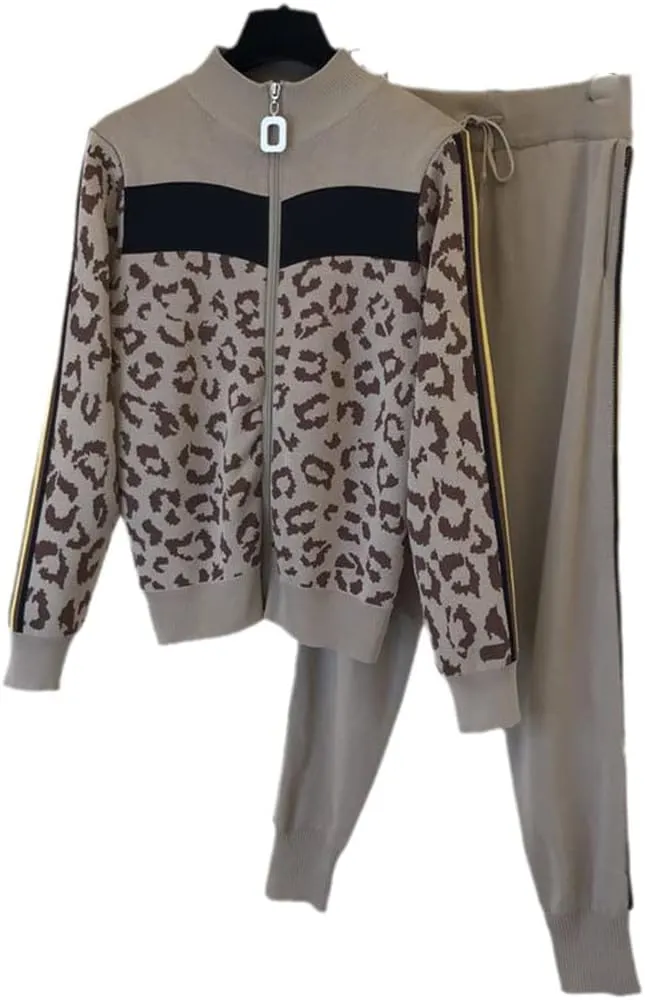 Women Leopard Print Knitted Tracksuit 2 Piece Set Outfit Casual Zipper Cardigan   Harem Pants Suit