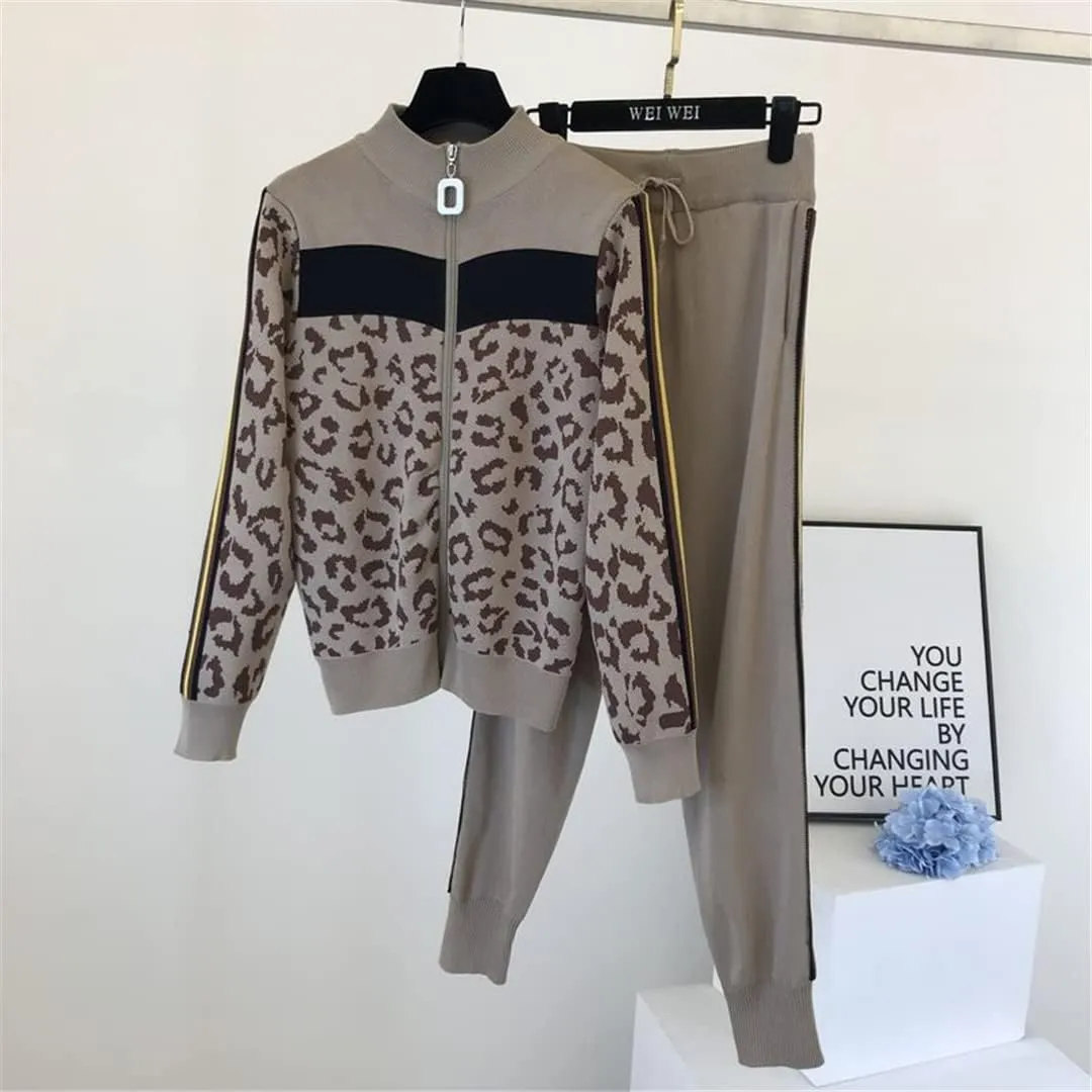 Women Leopard Print Knitted Tracksuit 2 Piece Set Outfit Casual Zipper Cardigan   Harem Pants Suit