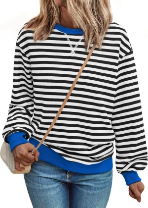 Women Oversized Striped Sweatshirt Loose Pullover Long Sleeve Fall 2024 Casual Hoodies Y2K Crew Neck Sweater