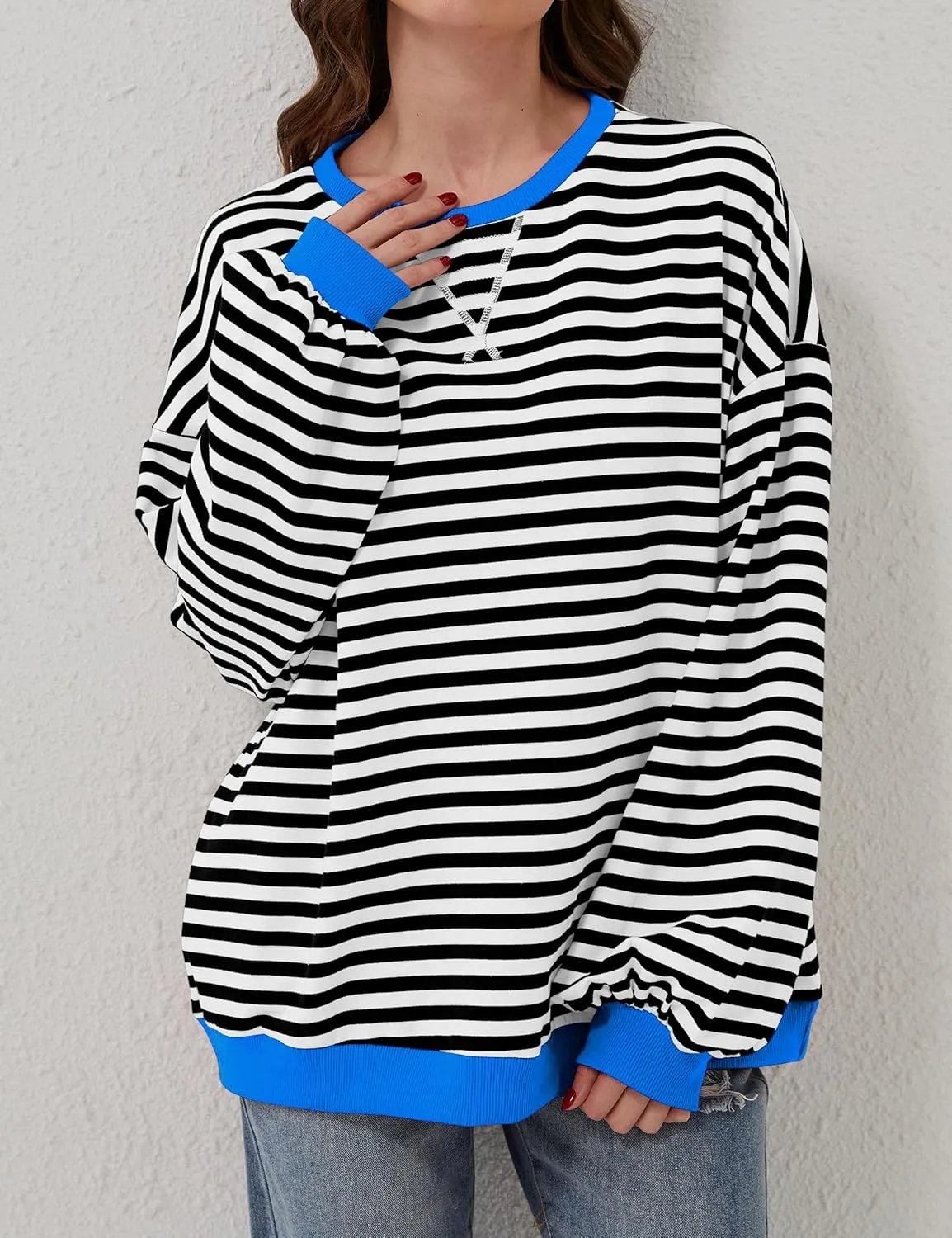 Women Oversized Striped Sweatshirt Loose Pullover Long Sleeve Fall 2024 Casual Hoodies Y2K Crew Neck Sweater