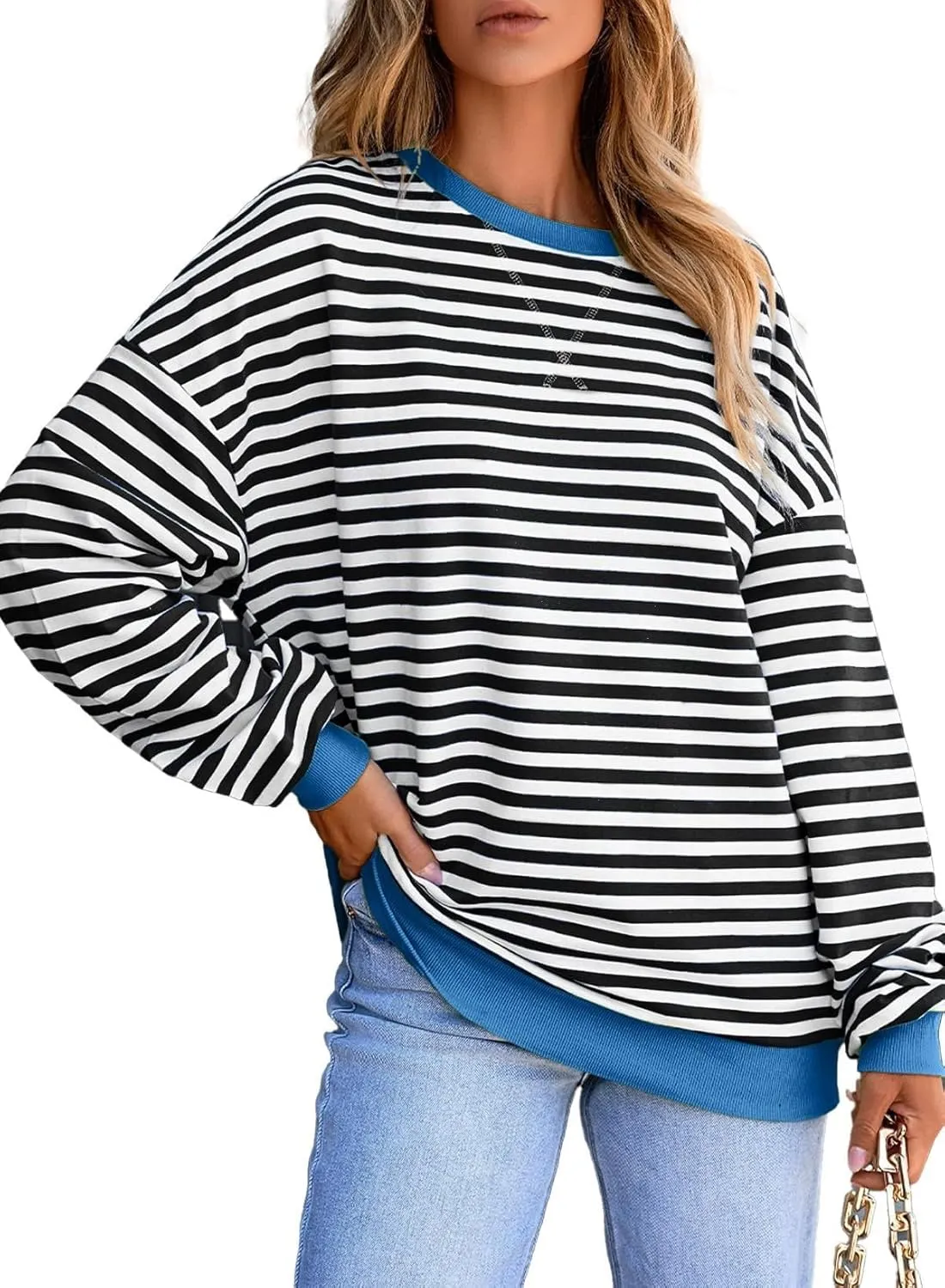 Women Oversized Striped Sweatshirt Loose Pullover Long Sleeve Fall 2024 Casual Hoodies Y2K Crew Neck Sweater