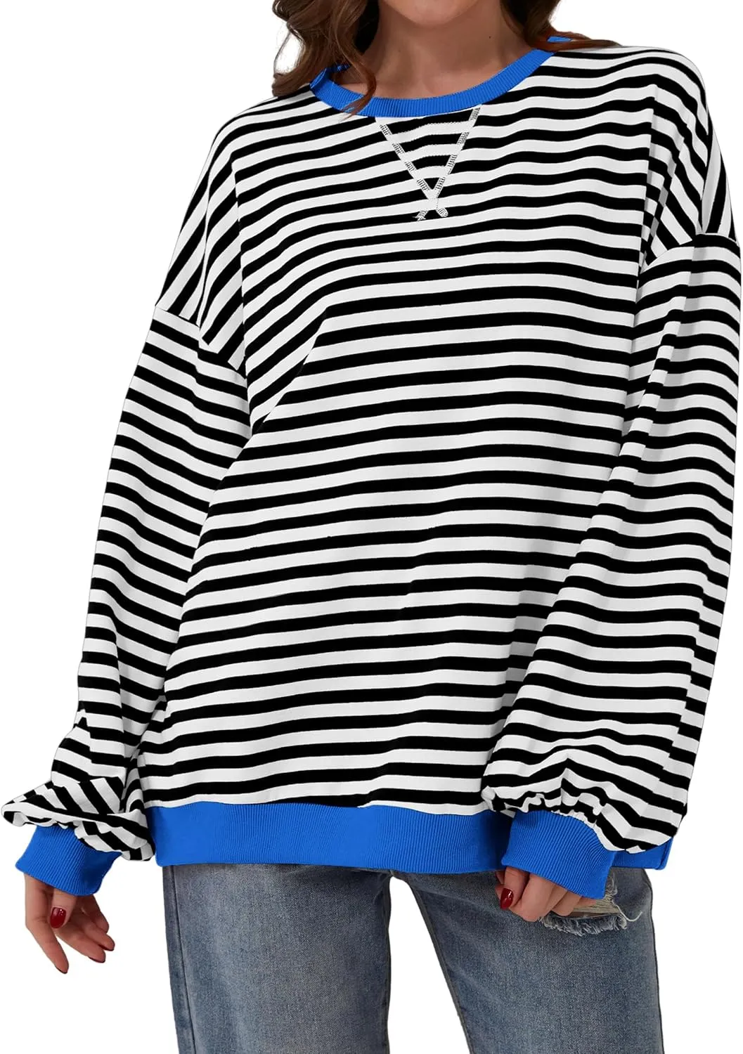 Women Oversized Striped Sweatshirt Loose Pullover Long Sleeve Fall 2024 Casual Hoodies Y2K Crew Neck Sweater