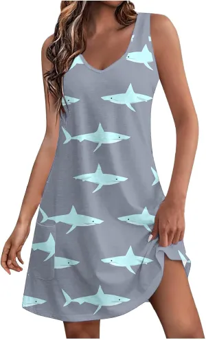 Women Summer Boho Tank Dress Sleeveless Beach Cover Up with Pockets Casual V Neck Dresses Holiday Sundress Outfits