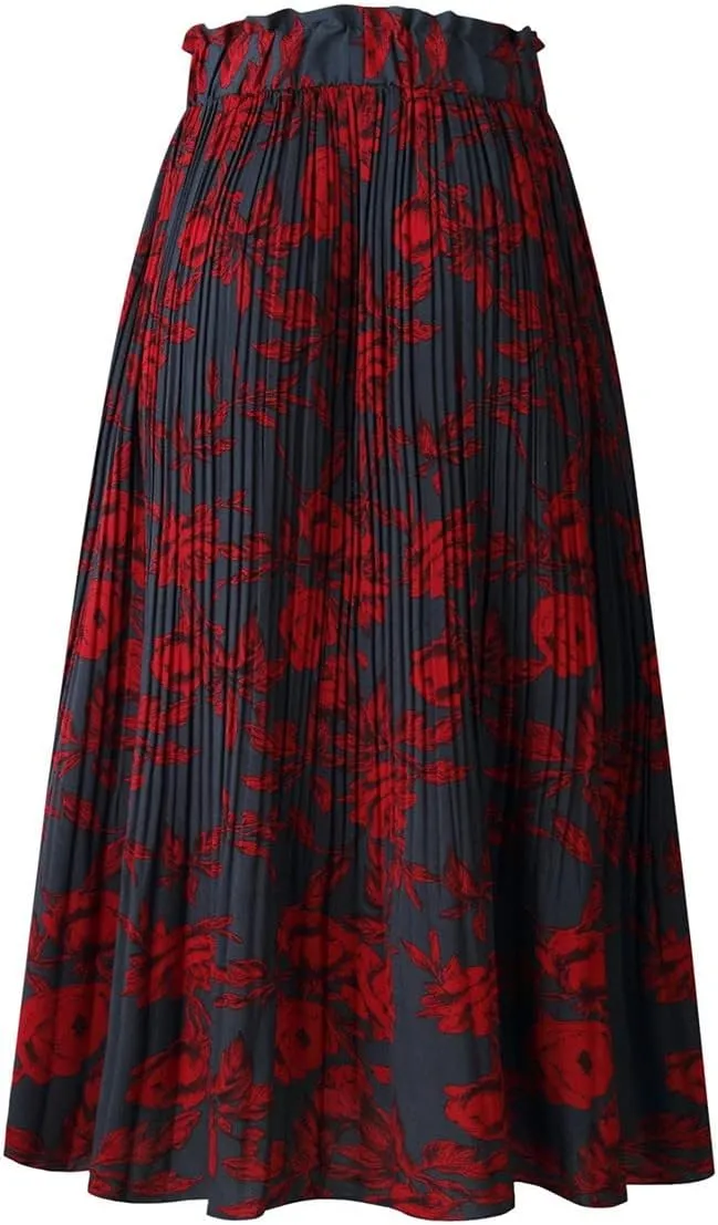 Women Trendy High Waist Ruffle Polka Dot Midi Swing Skirts Knee Length Boho Pleated Skirt with Pockets