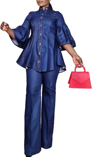 Women Two Piece Set Faux Jean Peplum Top Ruffle Blouse Pants Outfits Casual Work Track Suit