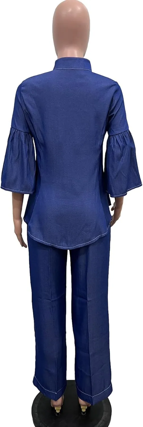 Women Two Piece Set Faux Jean Peplum Top Ruffle Blouse Pants Outfits Casual Work Track Suit
