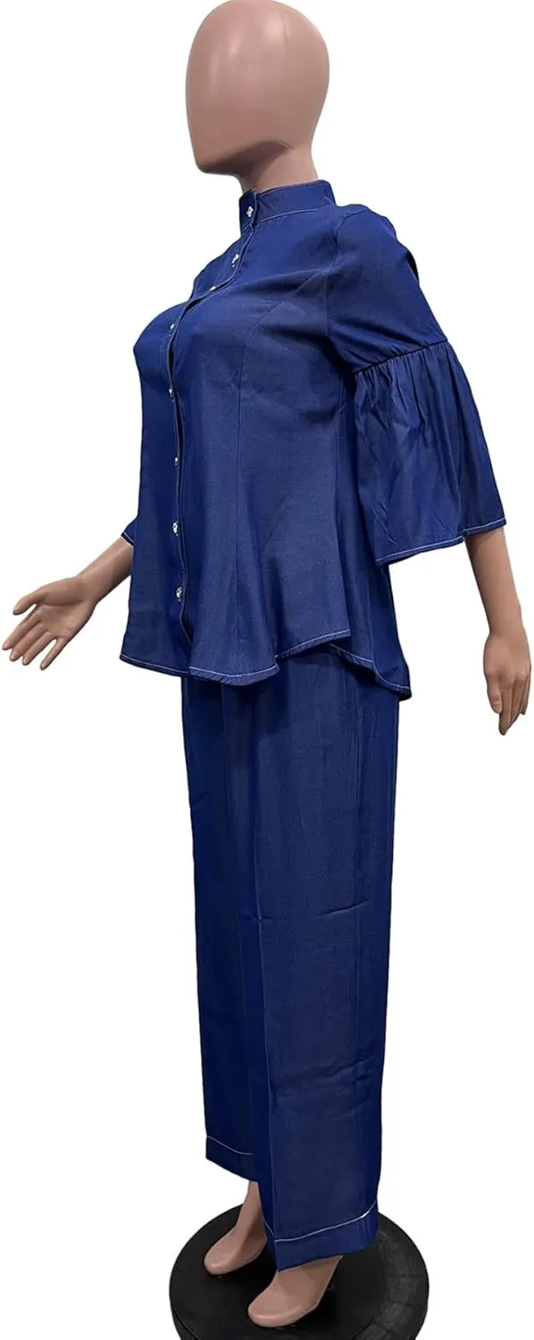 Women Two Piece Set Faux Jean Peplum Top Ruffle Blouse Pants Outfits Casual Work Track Suit