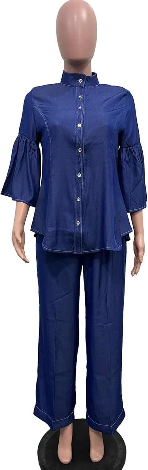 Women Two Piece Set Faux Jean Peplum Top Ruffle Blouse Pants Outfits Casual Work Track Suit
