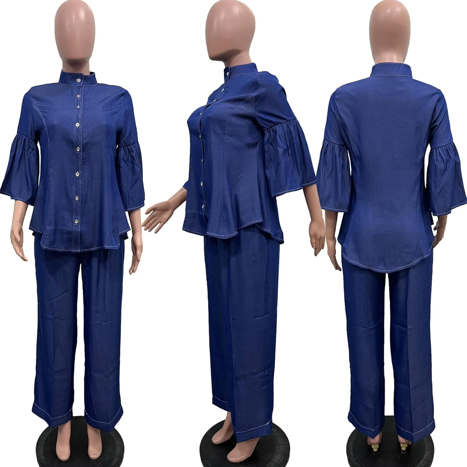 Women Two Piece Set Faux Jean Peplum Top Ruffle Blouse Pants Outfits Casual Work Track Suit