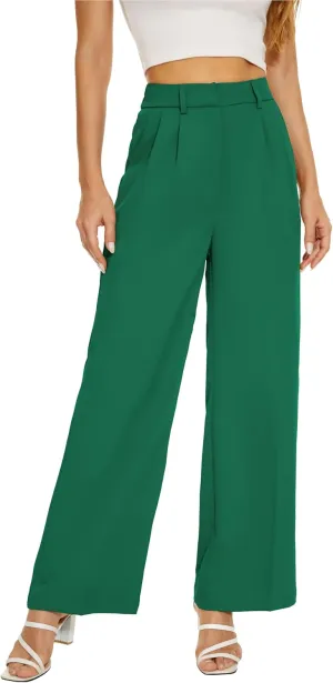 Women Wide Leg High Waist Wide Leg Pants Loose Fit Back Elastic Waist Pleated Front Trousers for Work Casual