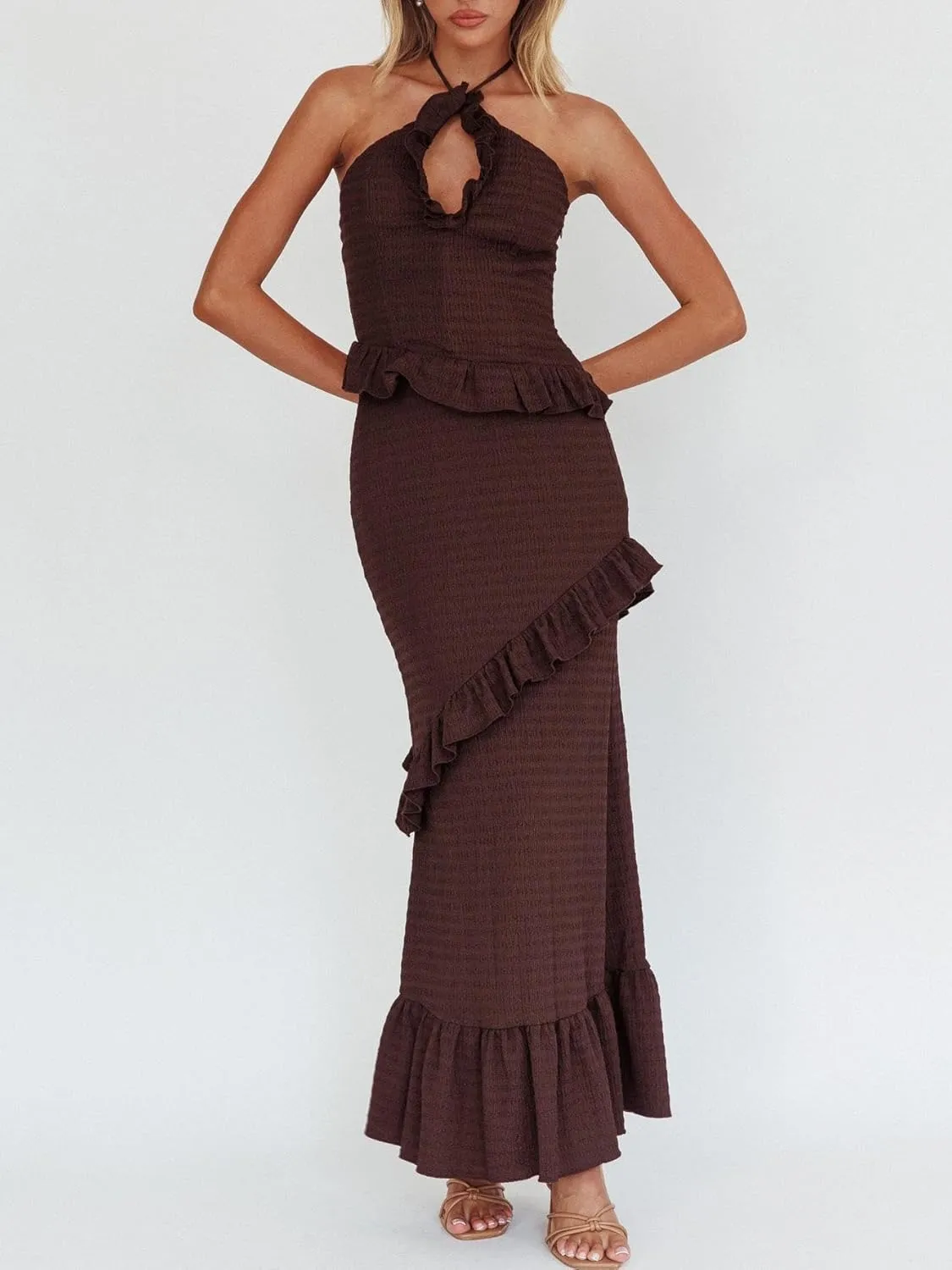 Women Y2k 2 Piece Maxi Skirt Set Lace Up Backless Tank Top Flowy Ruffle Long Skirt Outfits Going Out Streetwear
