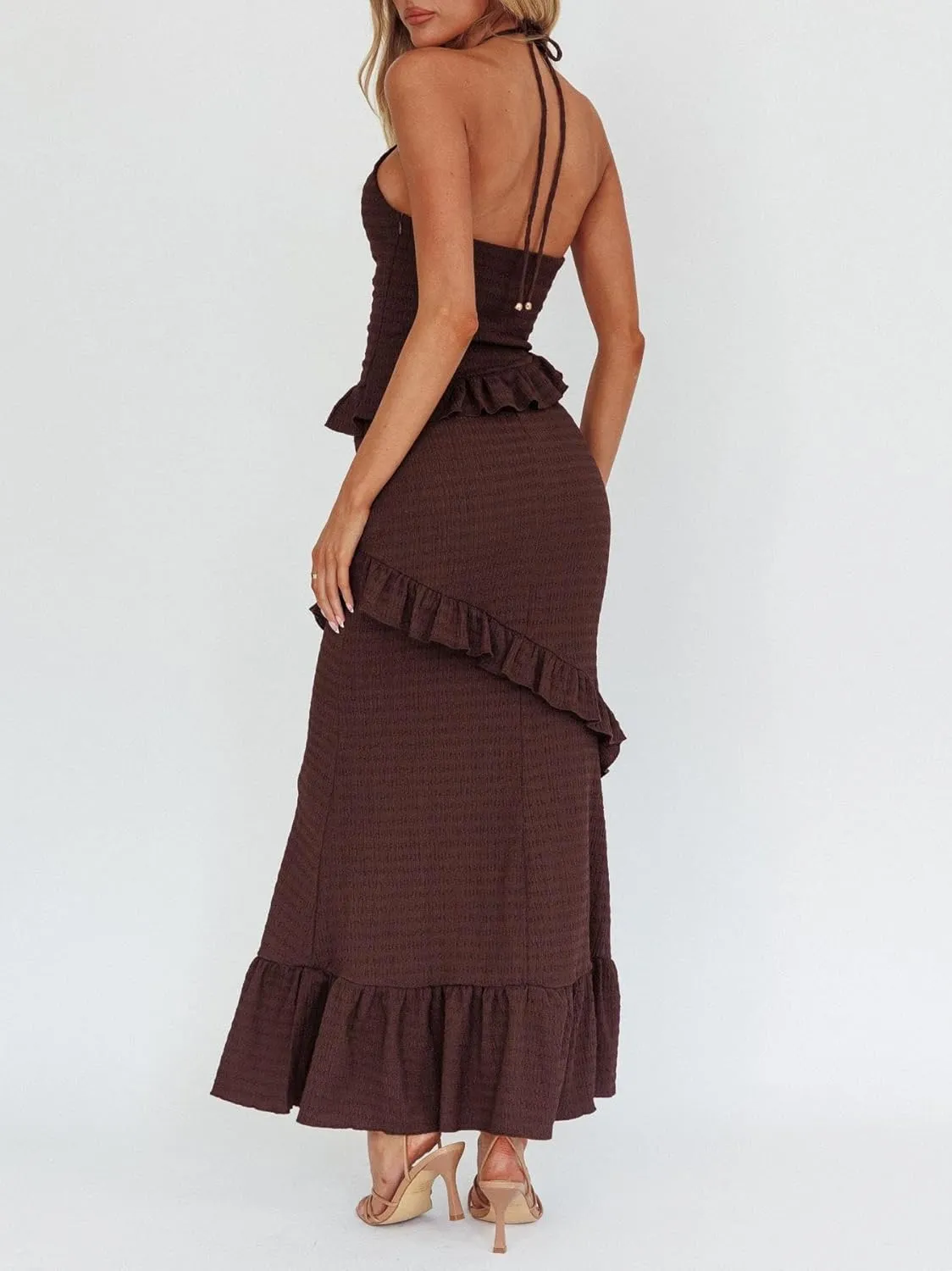 Women Y2k 2 Piece Maxi Skirt Set Lace Up Backless Tank Top Flowy Ruffle Long Skirt Outfits Going Out Streetwear
