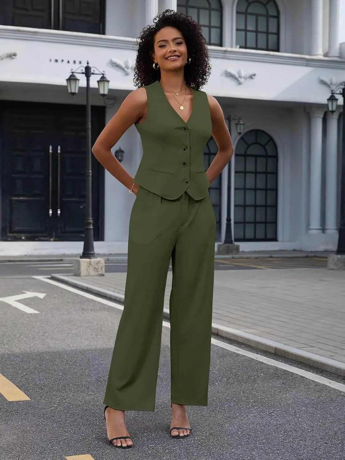 Women's 2 Piece Outfits Elegant Blazer Vest Pockets Wide Leg Pant Suit Casual Matching Set