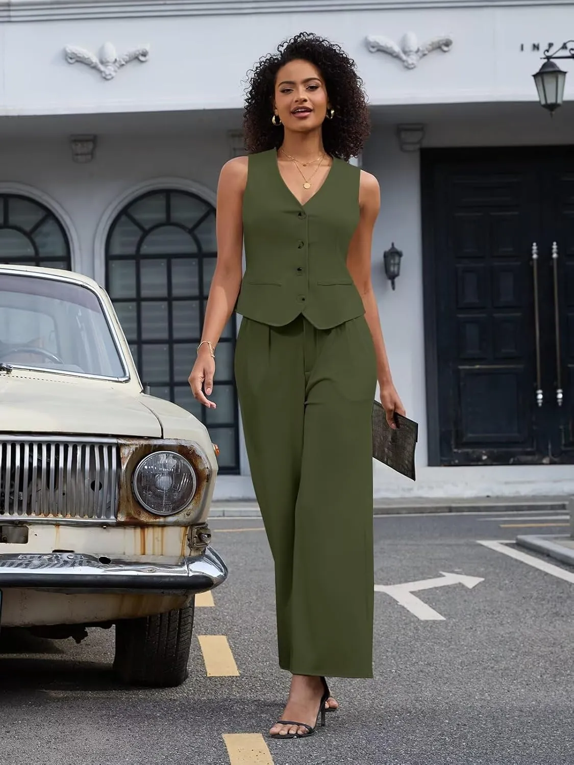 Women's 2 Piece Outfits Elegant Blazer Vest Pockets Wide Leg Pant Suit Casual Matching Set