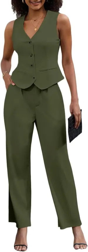 Women's 2 Piece Outfits Elegant Blazer Vest Pockets Wide Leg Pant Suit Casual Matching Set