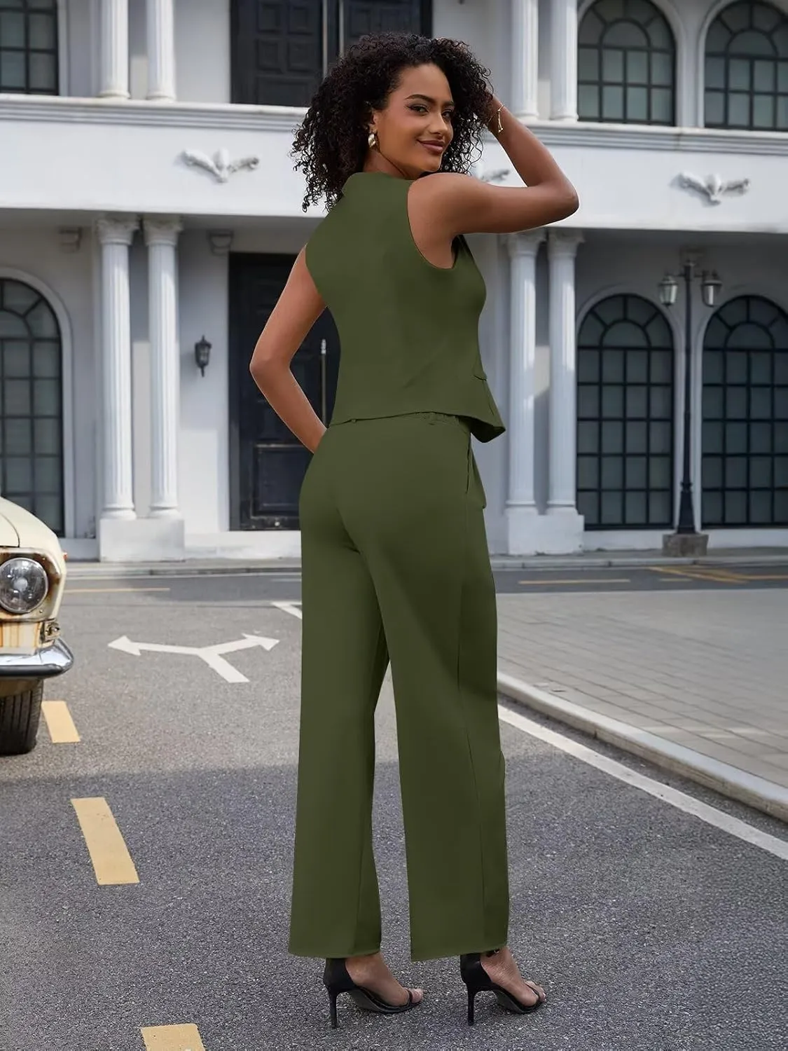 Women's 2 Piece Outfits Elegant Blazer Vest Pockets Wide Leg Pant Suit Casual Matching Set