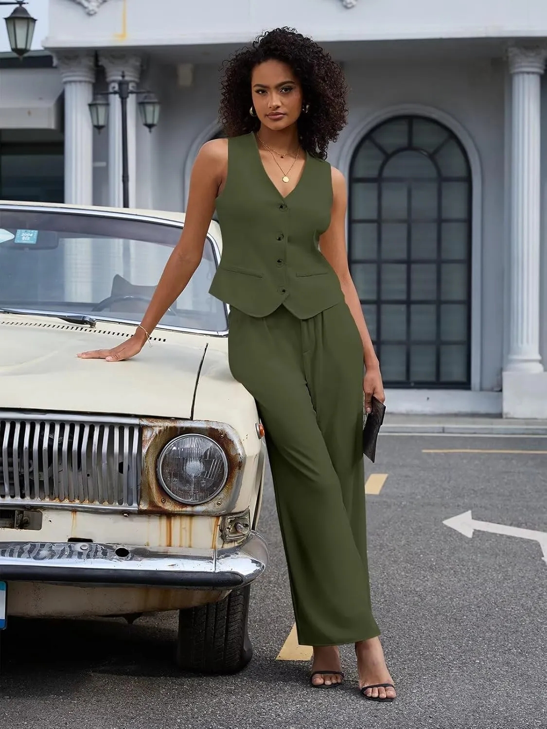Women's 2 Piece Outfits Elegant Blazer Vest Pockets Wide Leg Pant Suit Casual Matching Set