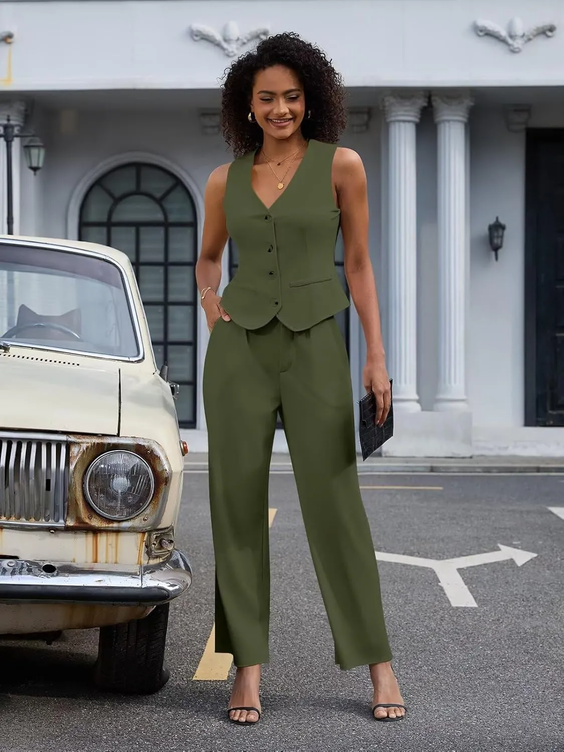 Women's 2 Piece Outfits Elegant Blazer Vest Pockets Wide Leg Pant Suit Casual Matching Set