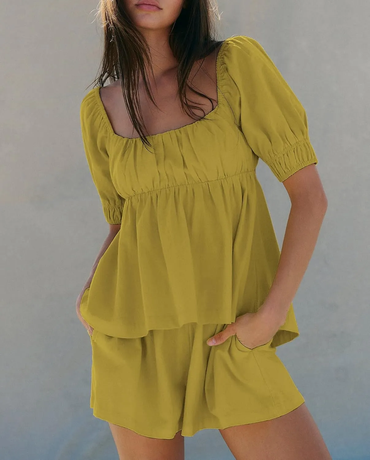 Womens 2 Piece Suit Sets Trendy Square Neck Puff Sleeve Tie Bow Back Babydoll Tops Summer Beach Casual Solid Shorts Set