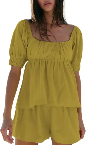 Womens 2 Piece Suit Sets Trendy Square Neck Puff Sleeve Tie Bow Back Babydoll Tops Summer Beach Casual Solid Shorts Set