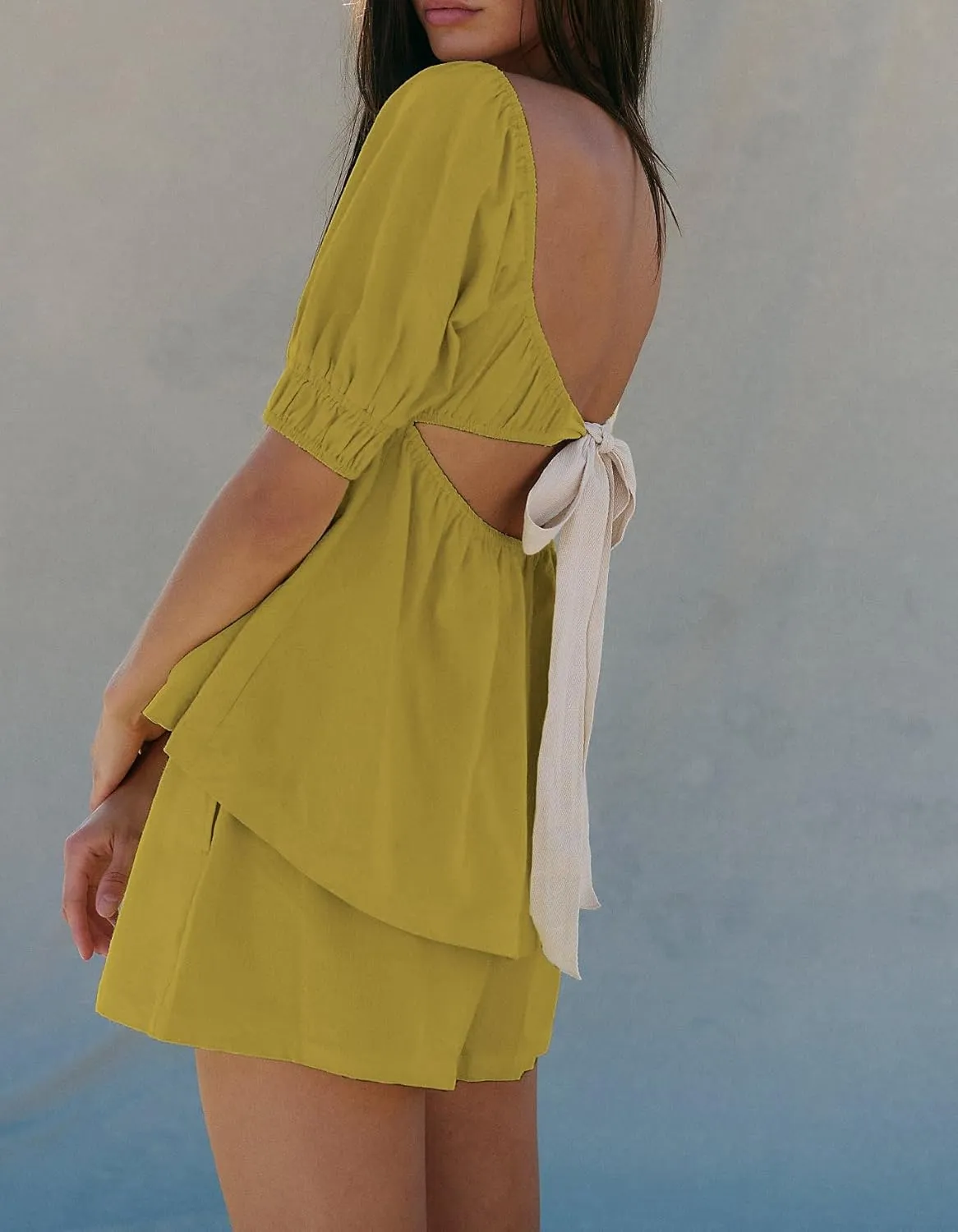 Womens 2 Piece Suit Sets Trendy Square Neck Puff Sleeve Tie Bow Back Babydoll Tops Summer Beach Casual Solid Shorts Set