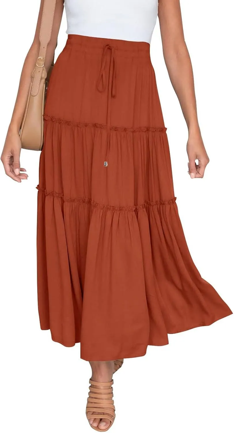 Womens Boho Pleated Ruched Ruffle Drawstring High Rise Maxi Skirt Skirts for Women Trendy High Waist Robe Flowy Dress