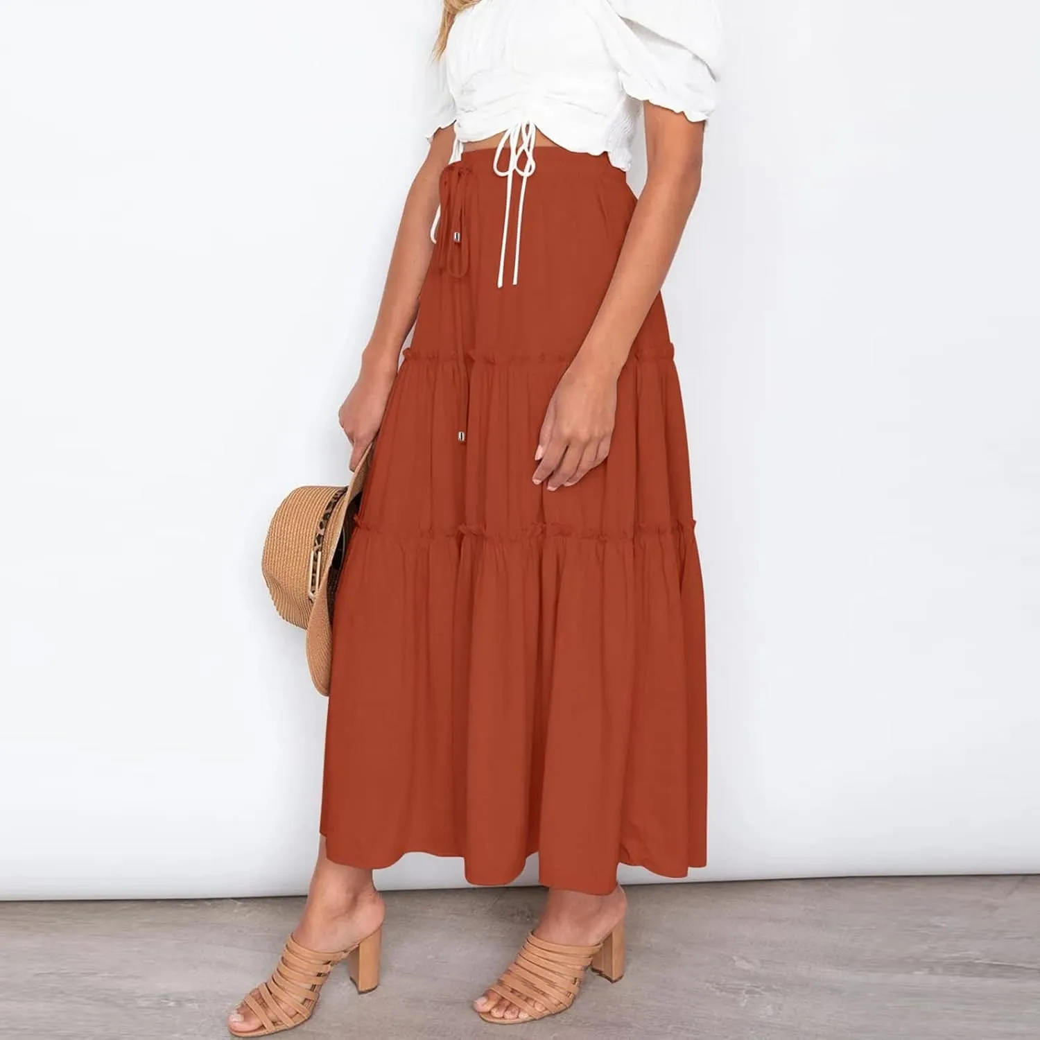 Womens Boho Pleated Ruched Ruffle Drawstring High Rise Maxi Skirt Skirts for Women Trendy High Waist Robe Flowy Dress